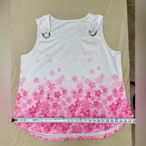 White and Pink Sleeveless Tank Top with Floral Pattern and Ring Accents